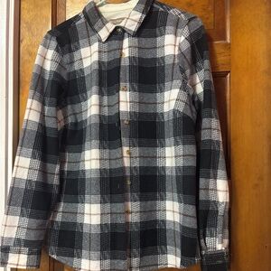 Plaid Button-Up Shirt - Black, Brown and White